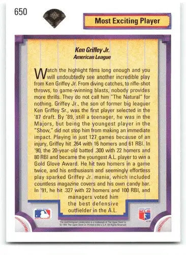 1992 Upper Deck #650 Ken Griffey Jr. NM-MT Mariners DS ID:81956 - Baseball Card Single