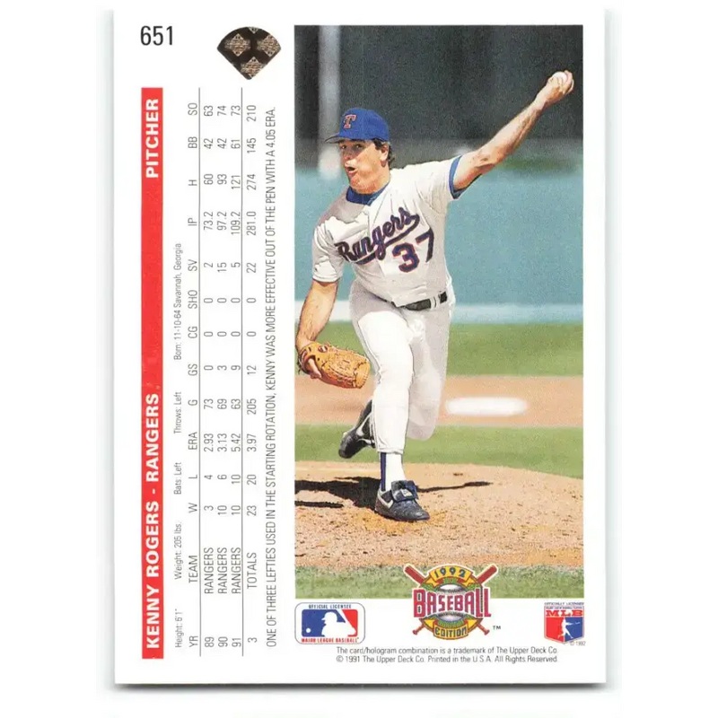 1992 Upper Deck #651 Kenny Rogers NM-MT Texas Rangers Baseball Card - Baseball Card Single