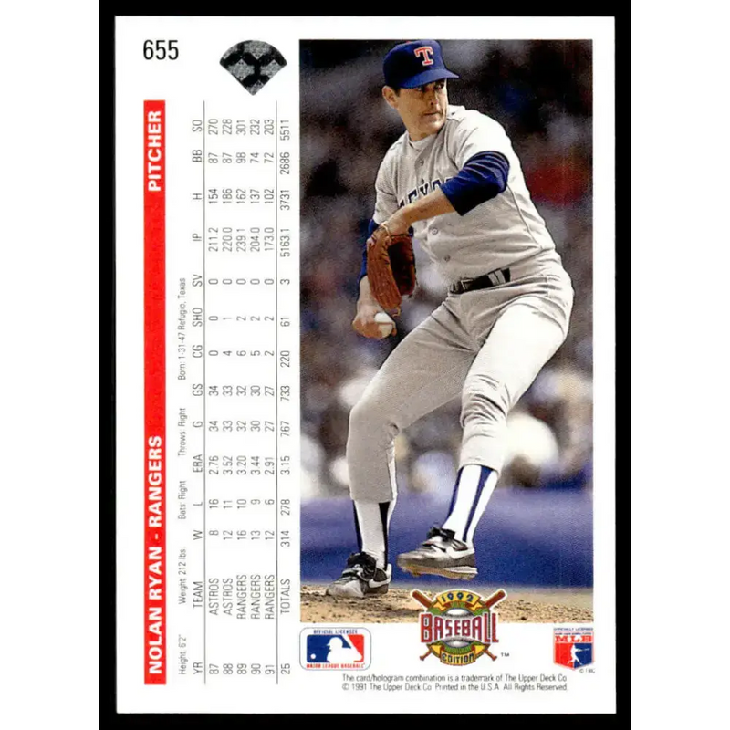 1992 Upper Deck #655 Nolan Ryan EX/NM Texas Rangers Baseball Card - Baseball Card Single