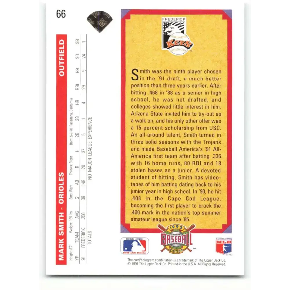 1992 Upper Deck #66 Mark Smith NM-MT RC Rookie Baltimore Orioles Baseball Card - Baseball Card Single