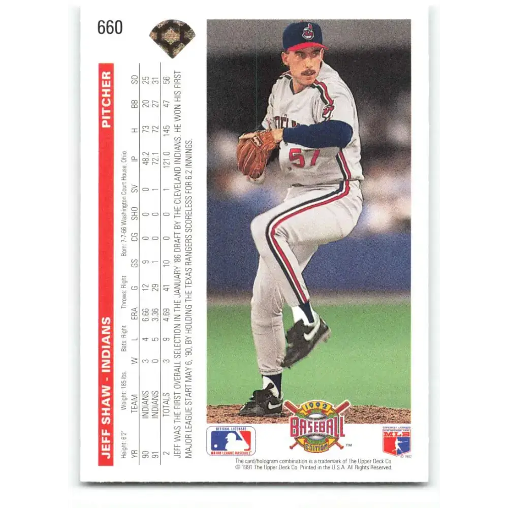 1992 Upper Deck #660 Jeff Shaw NM-MT Cleveland Indians Baseball Card - Baseball Card Single