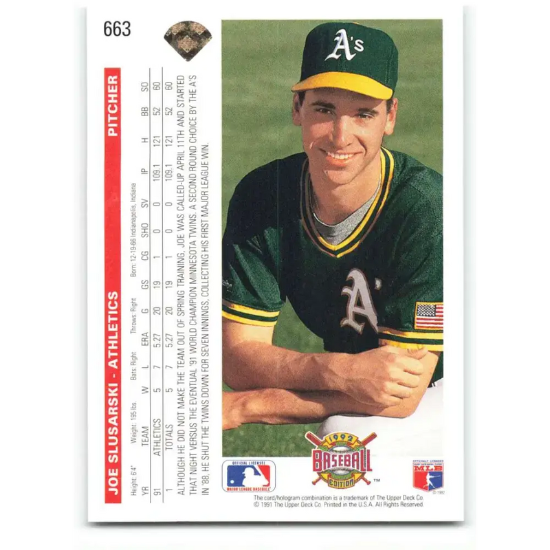 1992 Upper Deck #663 Joe Slusarski NM-MT Oakland Athletics Baseball Card - Baseball Card Single