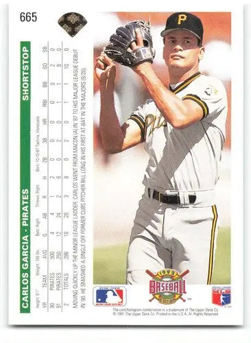 Image of 1992 Upper Deck Carlos Garcia Baseball Card Back with Original Gloss