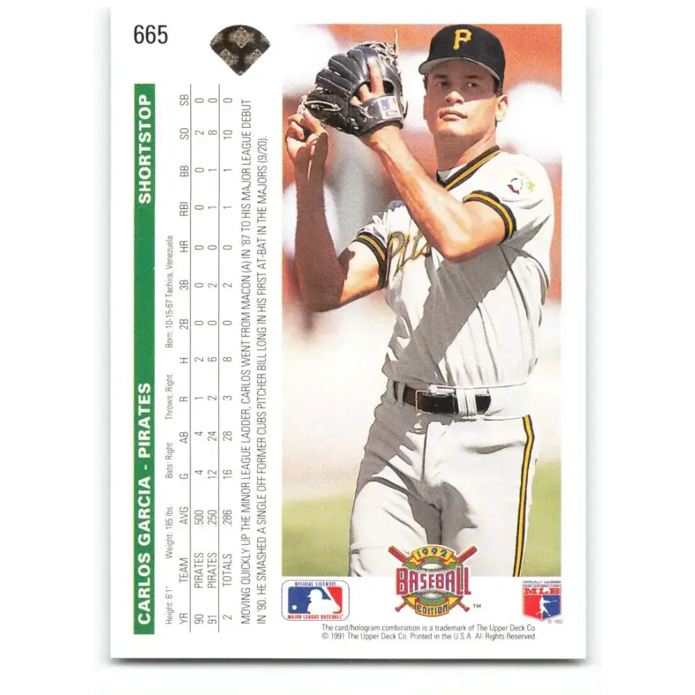 1992 Upper Deck #665 Carlos Garcia NM-MT Pittsburgh Pirates Baseball Card - Baseball Card Single
