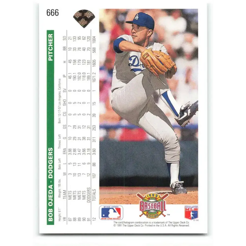 1992 Upper Deck #666 Bob Ojeda NM-MT Los Angeles Dodgers Baseball Card - Baseball Card Single