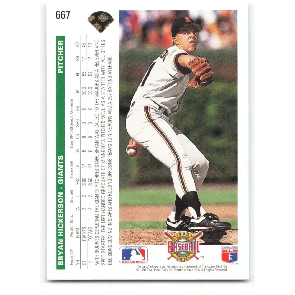 1992 Upper Deck #667 Bryan Hickerson NM-MT RC Rookie San Francisco Giants Baseball Card - Baseball Card Single