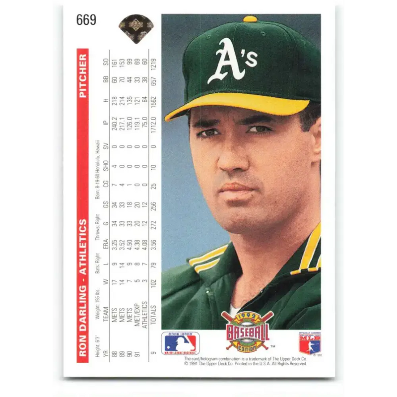 1992 Upper Deck #669 Ron Darling NM-MT Oakland Athletics Baseball Card - Baseball Card Single