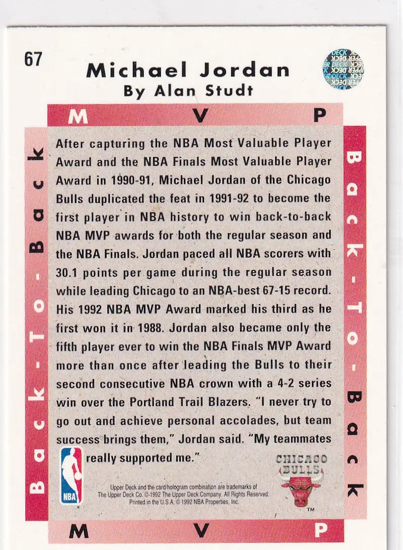 1992 UPPER DECK #67 MICHAEL JORDAN BACK TO BACK MVP- CHICAGO BULLS