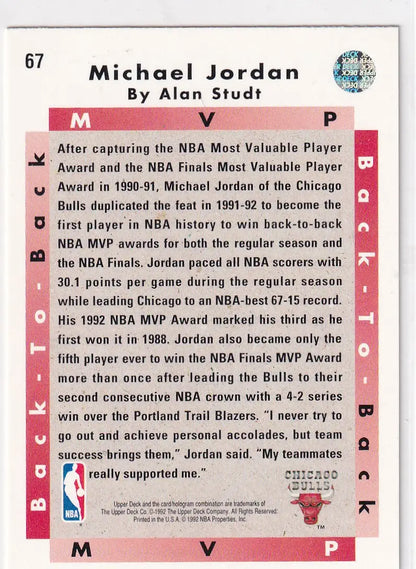 1992 UPPER DECK #67 MICHAEL JORDAN BACK TO BACK MVP- CHICAGO BULLS