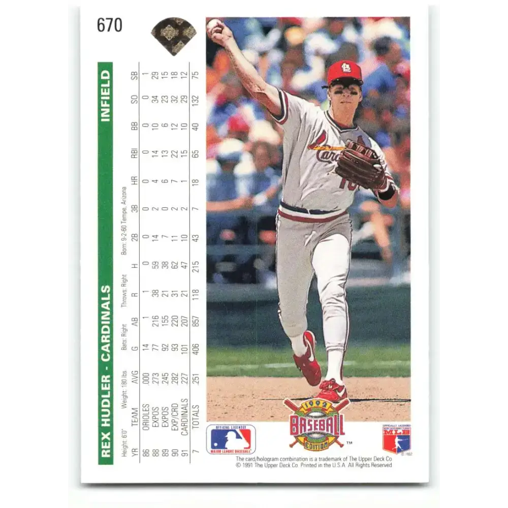 1992 Upper Deck #670 Rex Hudler NM-MT St. Louis Cardinals Baseball Card - Baseball Card Single