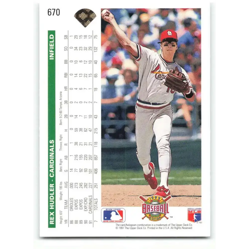 1992 Upper Deck #670 Rex Hudler NM-MT St. Louis Cardinals Baseball Card - Baseball Card Single