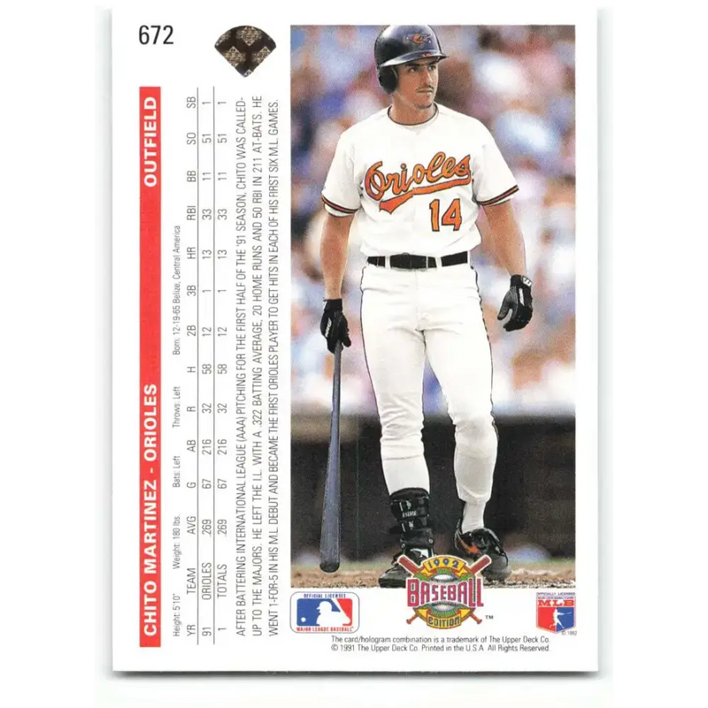 1992 Upper Deck #672 Chito Martinez NM-MT Baltimore Orioles Baseball Card - Baseball Card Single