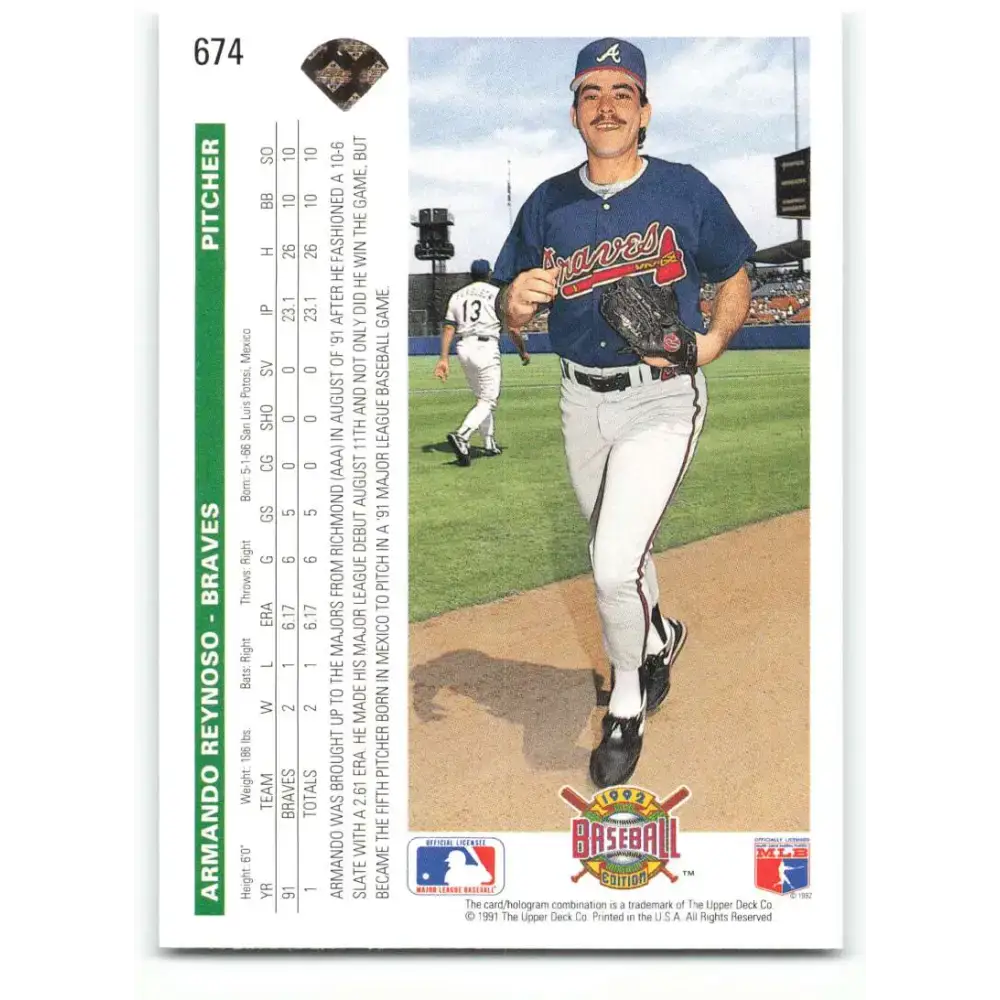 1992 Upper Deck #674 Armando Reynoso NM-MT RC Rookie Atlanta Braves Baseball Card - Baseball Card Single