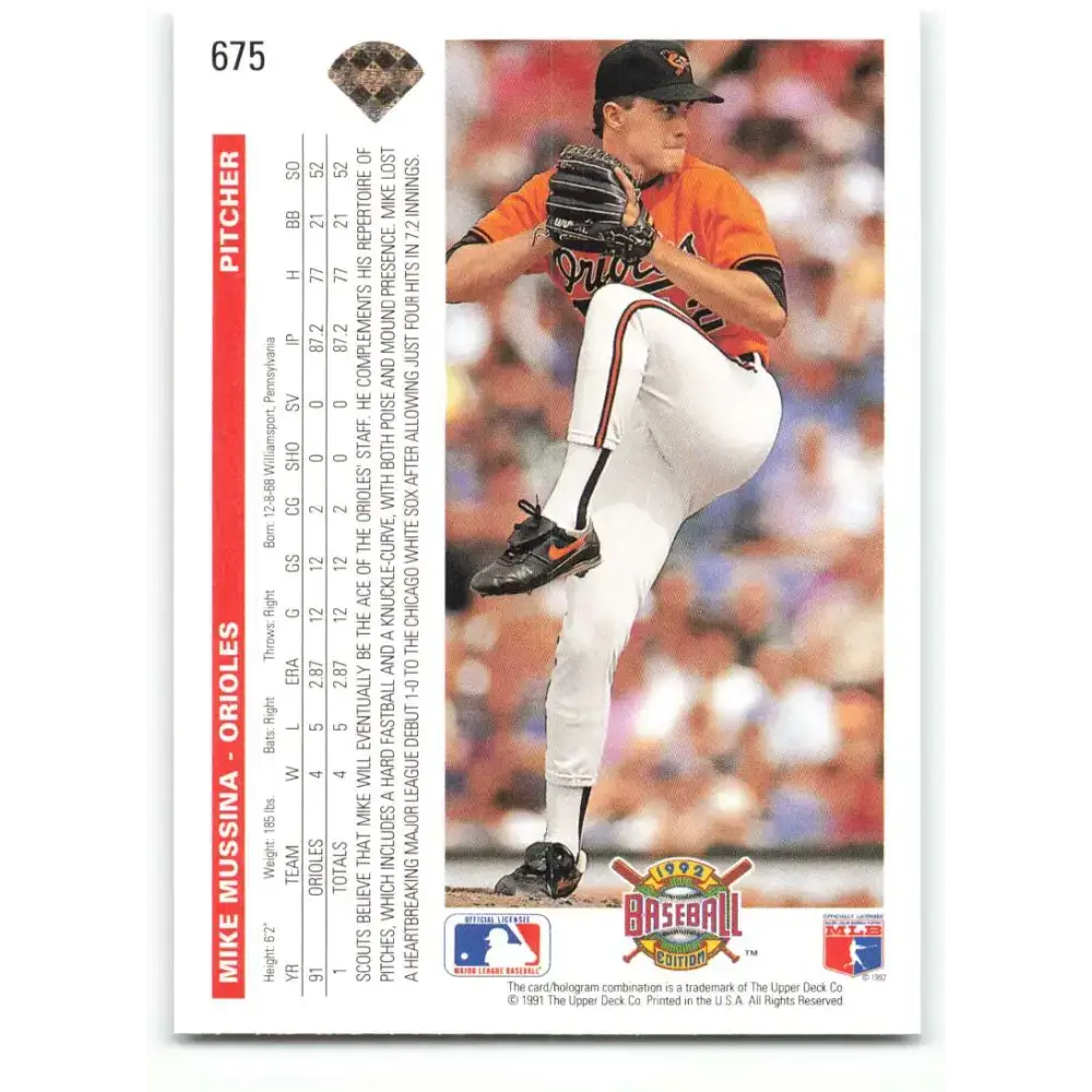 1992 Upper Deck #675 Mike Mussina NM-MT Baltimore Orioles Baseball Card - Baseball Card Single