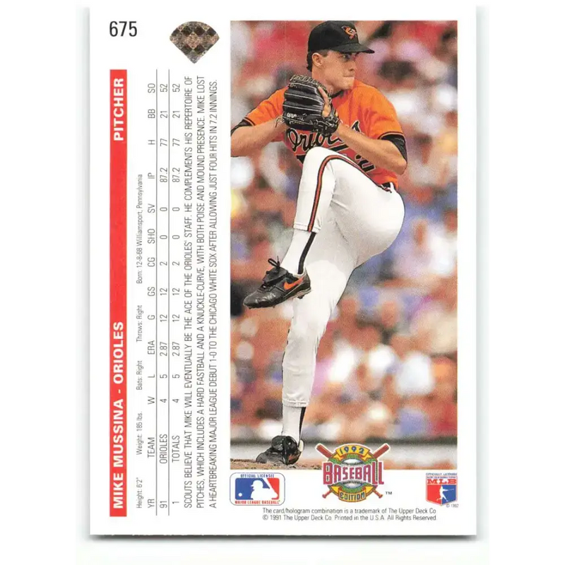 1992 Upper Deck #675 Mike Mussina NM-MT Baltimore Orioles Baseball Card - Baseball Card Single