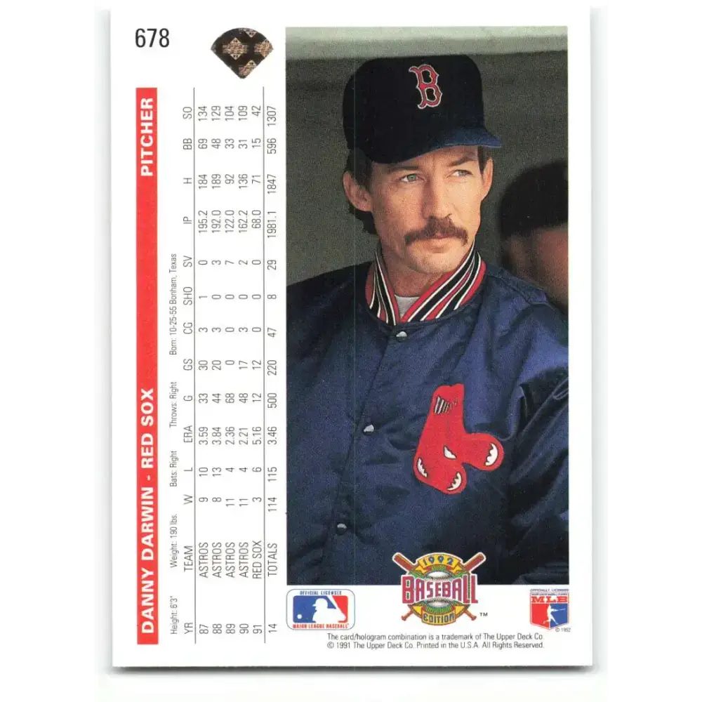1992 Upper Deck #678 Danny Darwin NM-MT Boston Red Sox Baseball Card - Baseball Card Single
