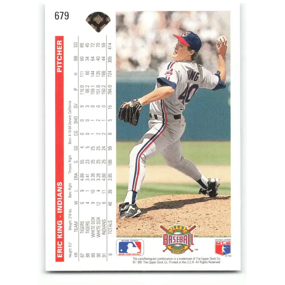 1992 Upper Deck #679 Eric King NM-MT Cleveland Indians Baseball Card - Baseball Card Single