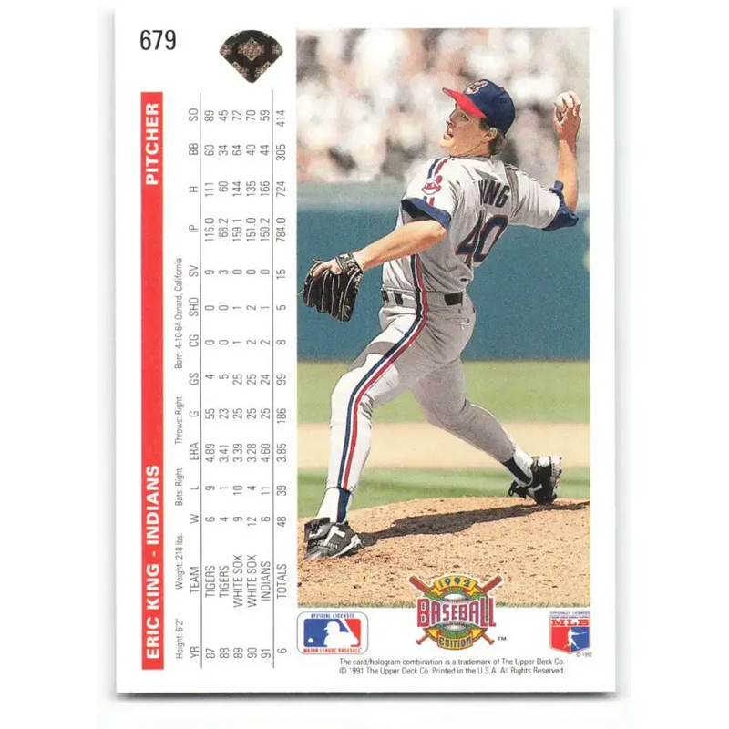 1992 Upper Deck #679 Eric King NM-MT Cleveland Indians Baseball Card - Baseball Card Single