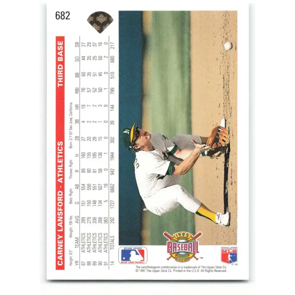 1992 Upper Deck #682 Carney Lansford NM-MT Oakland Athletics Baseball Card - Baseball Card Single