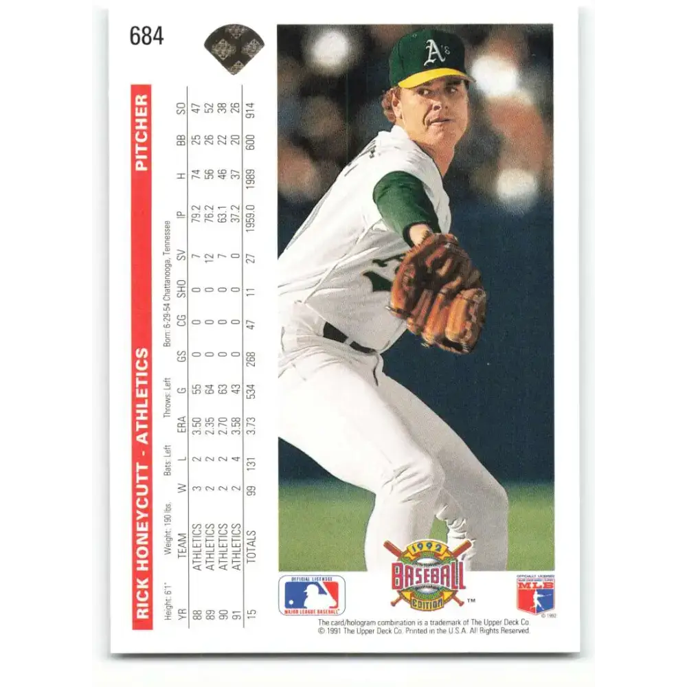 1992 Upper Deck #684 Rick Honeycutt NM-MT Oakland Athletics Baseball Card - Baseball Card Single