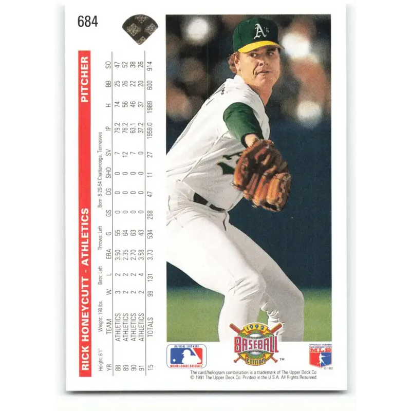 1992 Upper Deck #684 Rick Honeycutt NM-MT Oakland Athletics Baseball Card - Baseball Card Single