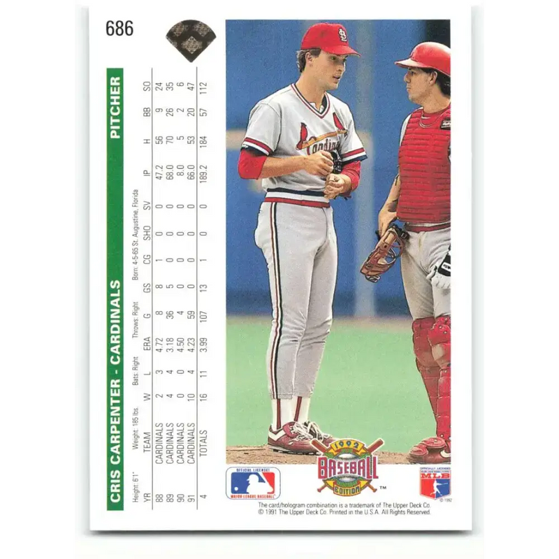 1992 Upper Deck #686 Cris Carpenter NM-MT St. Louis Cardinals Baseball Card - Baseball Card Single