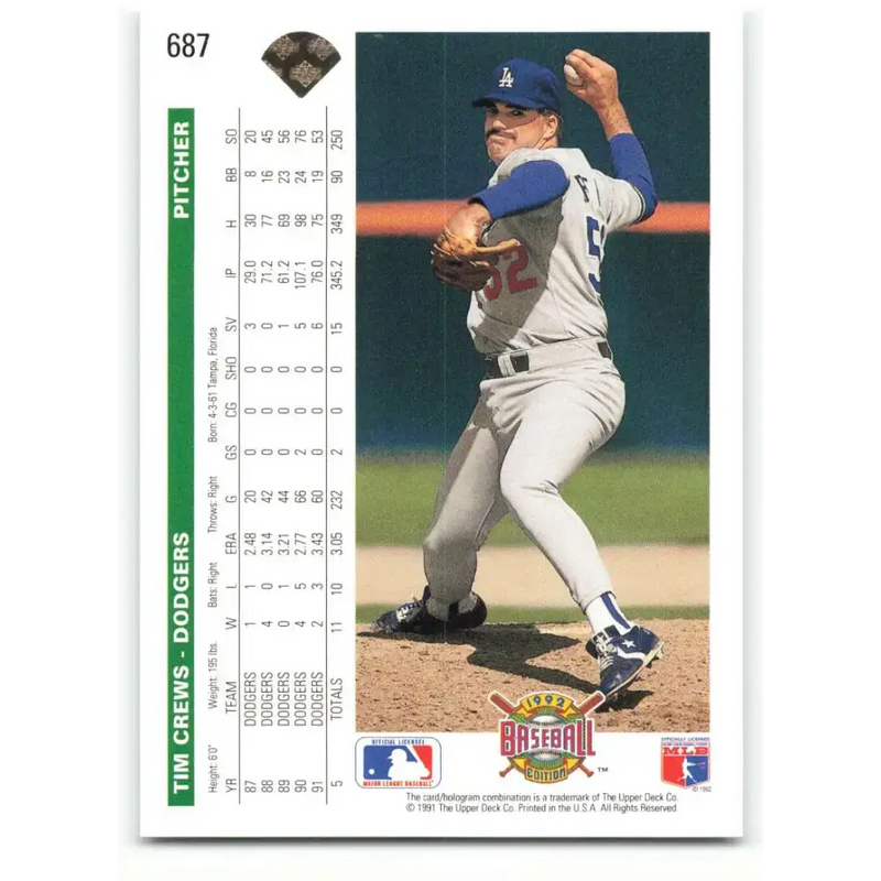 1992 Upper Deck #687 Tim Crews NM-MT Los Angeles Dodgers Baseball Card - Baseball Card Single