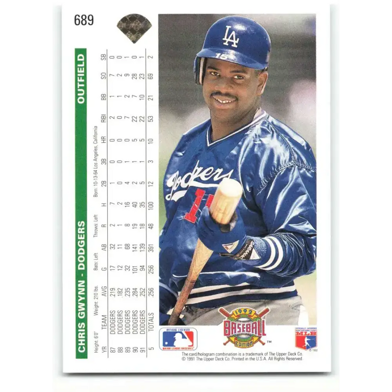 1992 Upper Deck #689 Chris Gwynn NM-MT Los Angeles Dodgers Baseball Card - Baseball Card Single