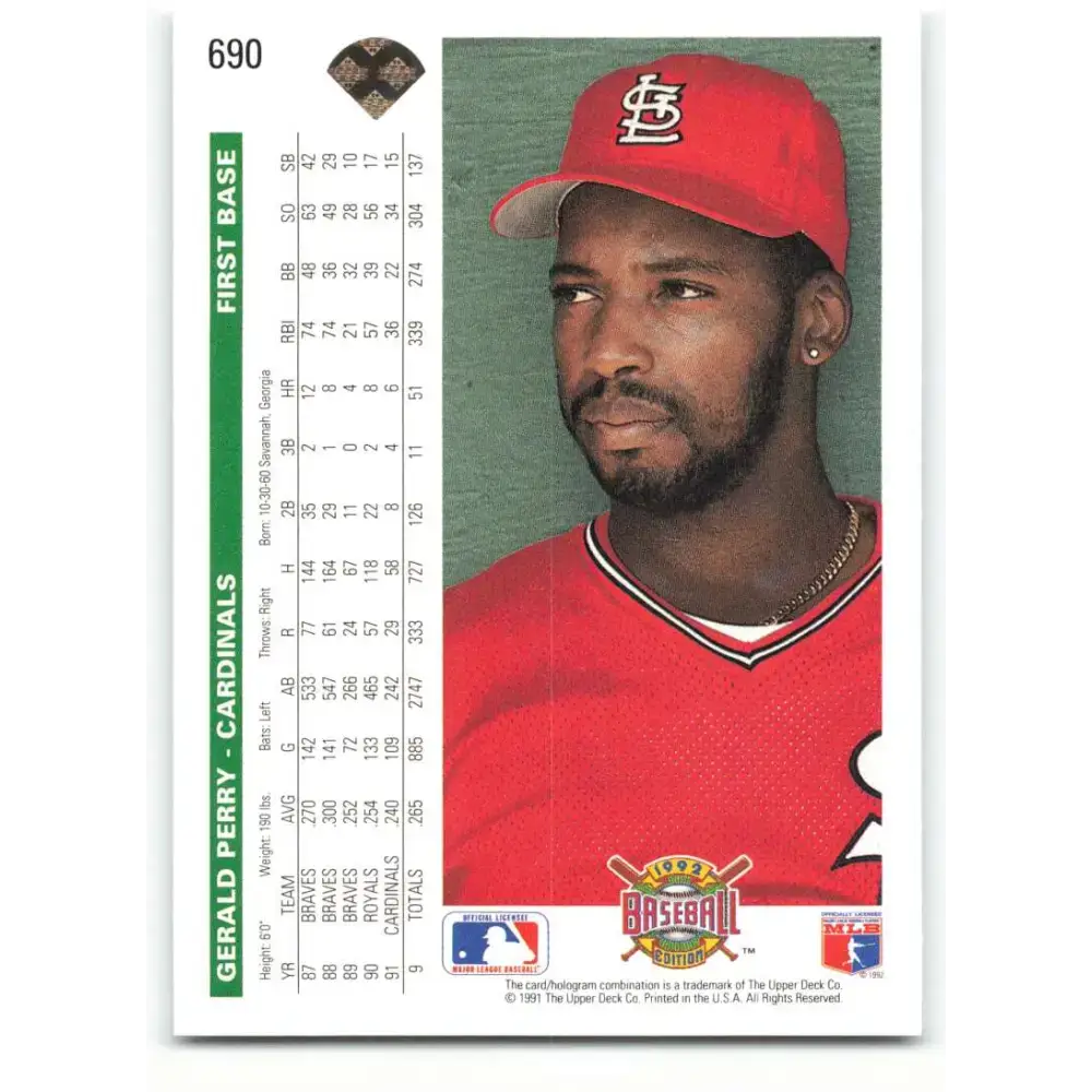 1992 Upper Deck #690 Gerald Perry NM-MT St. Louis Cardinals Baseball Card - Baseball Card Single