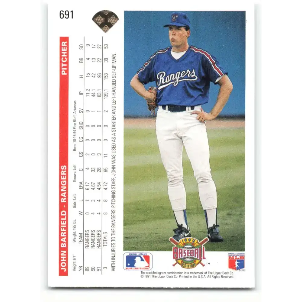 1992 Upper Deck #691 John Barfield NM-MT Texas Rangers Baseball Card - Baseball Card Single