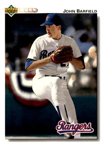 Original gloss baseball card of John Barfield from 1992 Upper Deck Rangers series