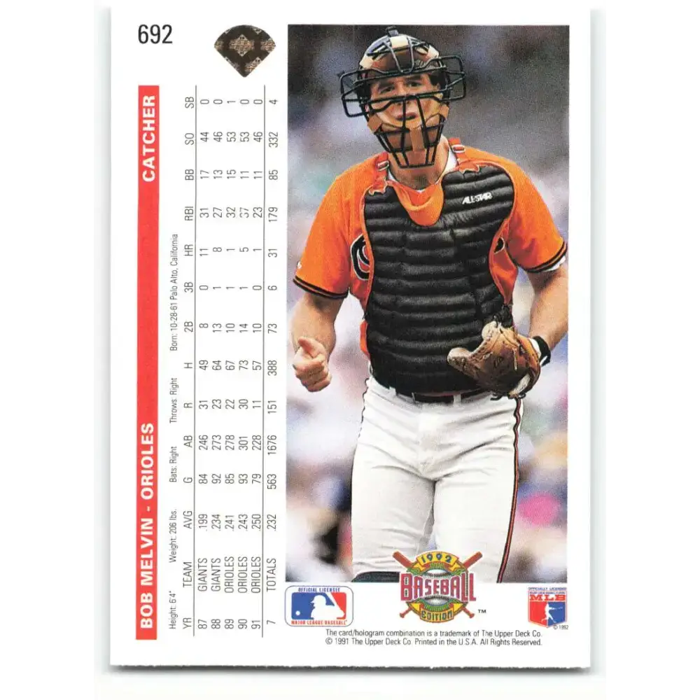 1992 Upper Deck #692 Bob Melvin NM-MT Baltimore Orioles Baseball Card - Baseball Card Single