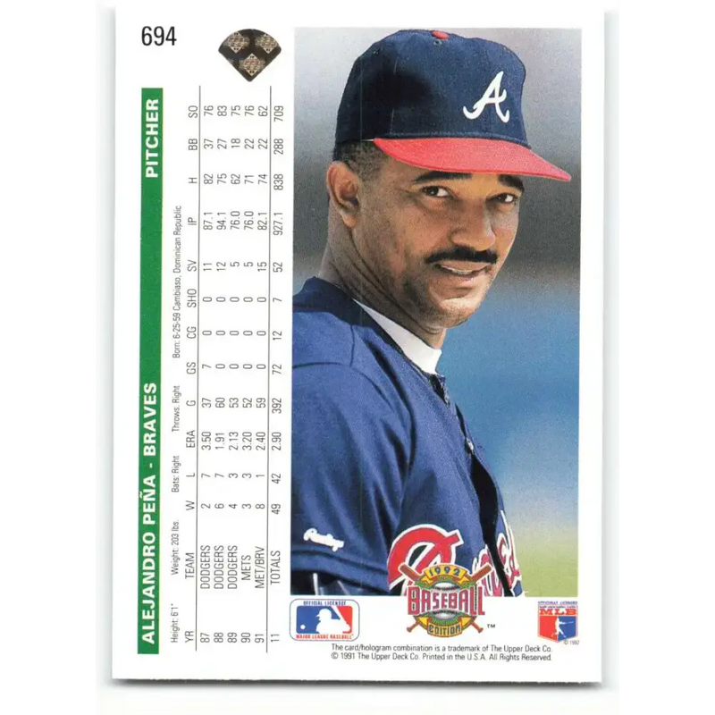 1992 Upper Deck #694 Alejandro Pena NM-MT Atlanta Braves Baseball Card - Baseball Card Single
