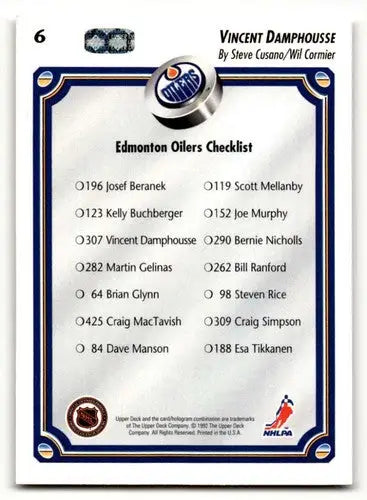 Hockey card checklist featuring 1992 Upper Deck Vincent Damphousse with original gloss