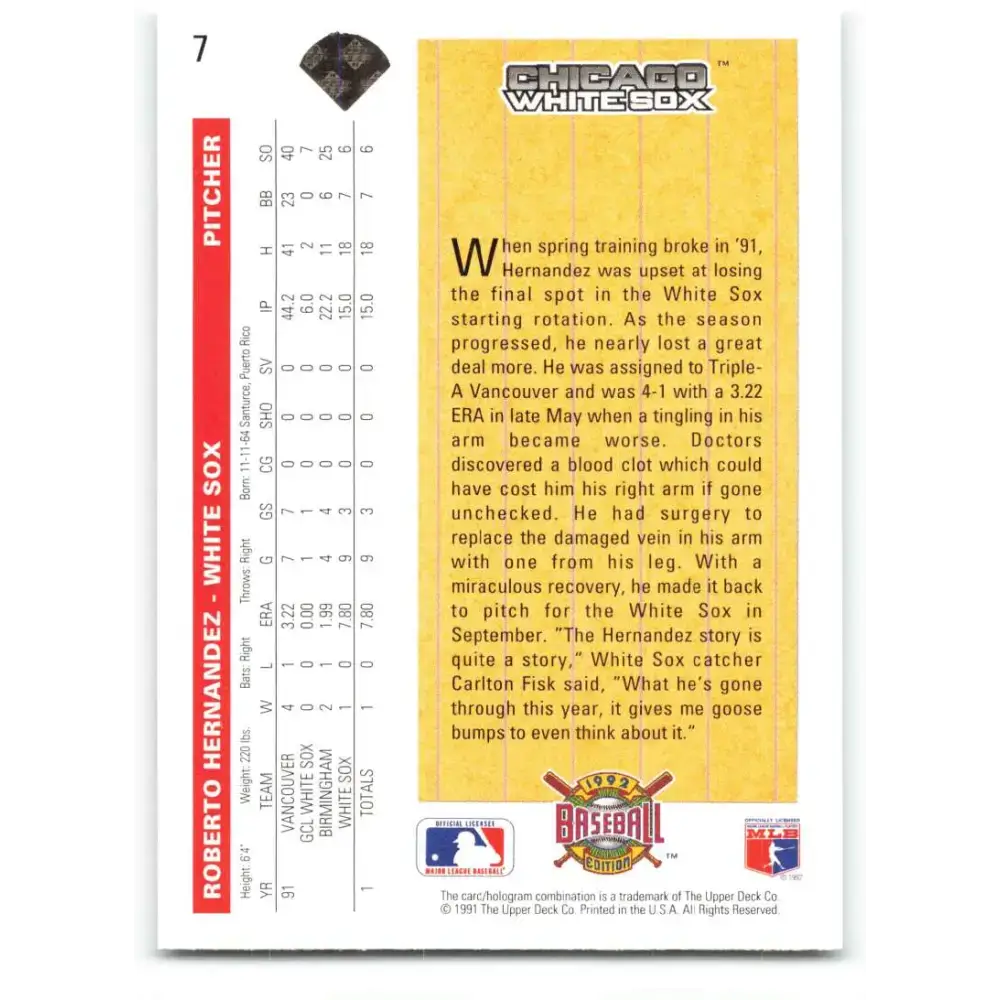 1992 Upper Deck #7 Roberto Hernandez SR NM-MT RC Rookie Chicago White Sox Baseball Card - Baseball Card Single