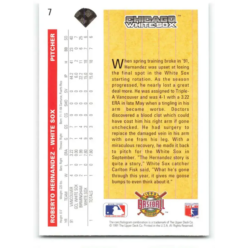 1992 Upper Deck #7 Roberto Hernandez SR NM-MT RC Rookie Chicago White Sox Baseball Card - Baseball Card Single