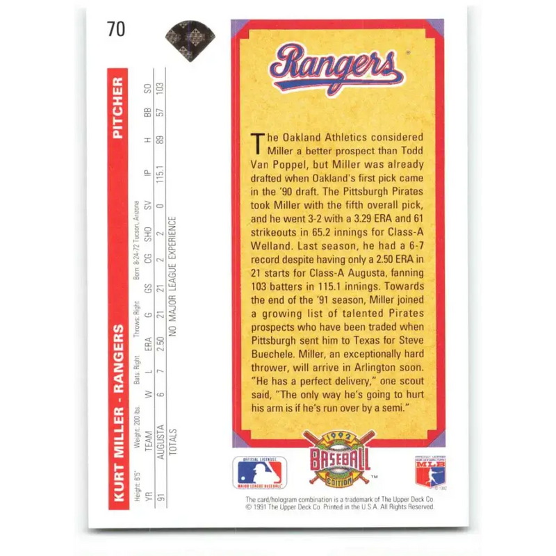 1992 Upper Deck #70 Kurt Miller TP NM-MT Texas Rangers Baseball Card - Baseball Card Single