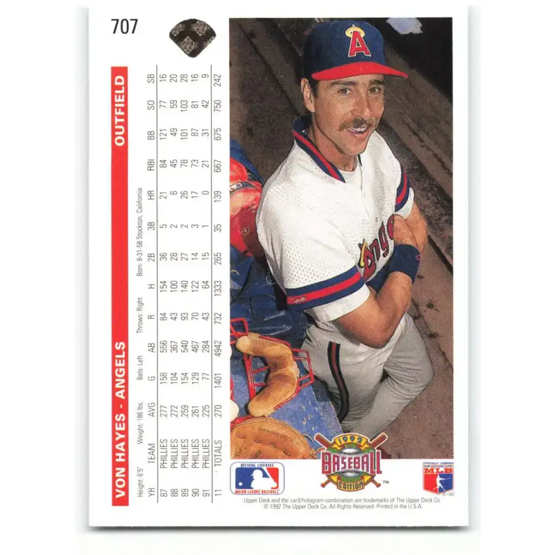 1992 Upper Deck #707 Von Hayes NM-MT California Angels Baseball Card - Baseball Card Single
