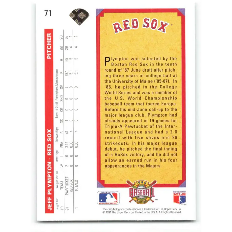 1992 Upper Deck #71 Jeff Plympton TP NM-MT Boston Red Sox Baseball Card - Baseball Card Single
