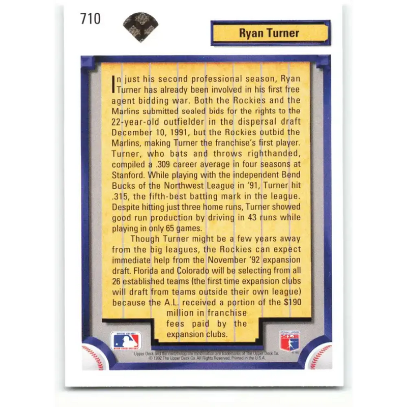 1992 Upper Deck #710 Ryan Turner NM-MT RC Rookie Colorado Rockies Baseball Card - Baseball Card Single