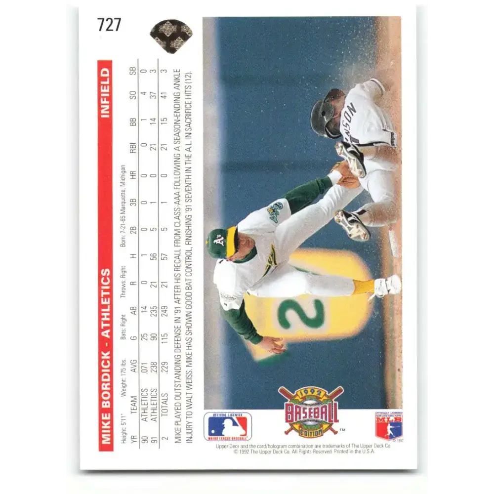 1992 Upper Deck #727 Mike Bordick NM-MT Oakland Athletics Baseball Card - Baseball Card Single