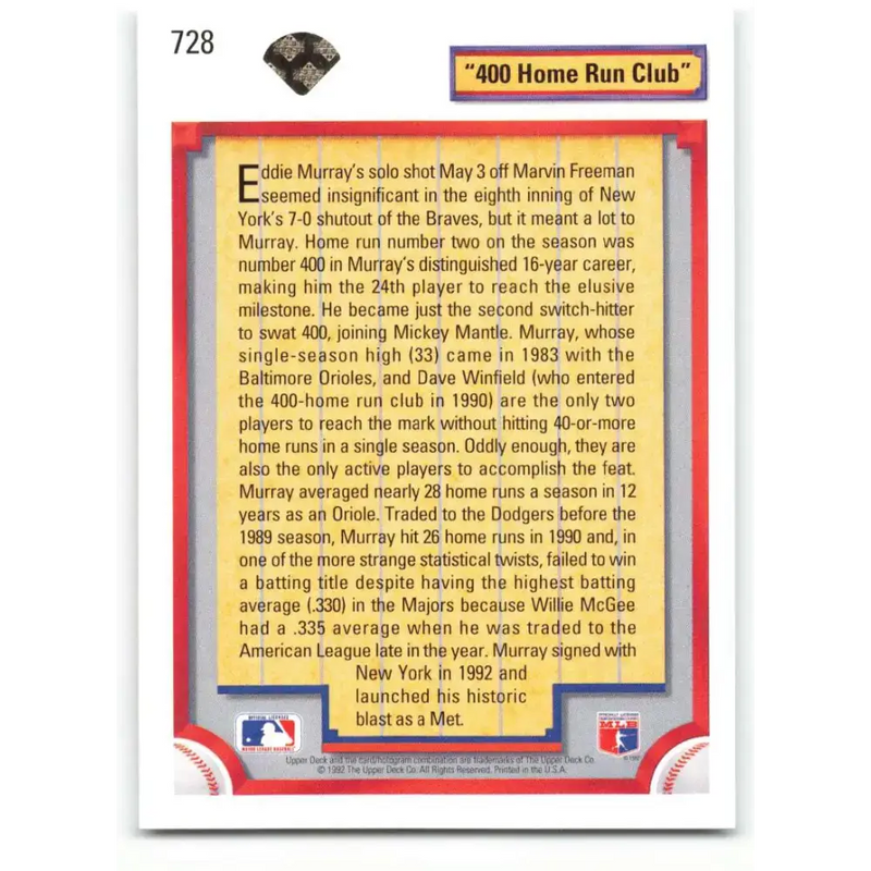 1992 Upper Deck #728 Eddie Murray 400 HR NM-MT New York Mets Baseball Card - Baseball Card Single