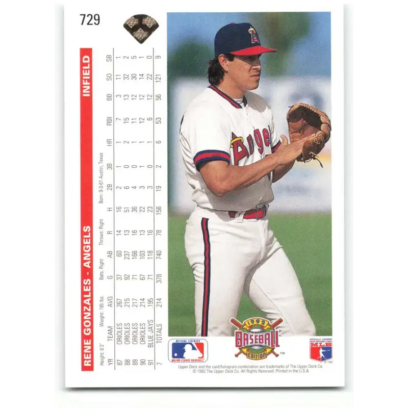 1992 Upper Deck #729 Rene Gonzales NM-MT California Angels Baseball Card - Baseball Card Single