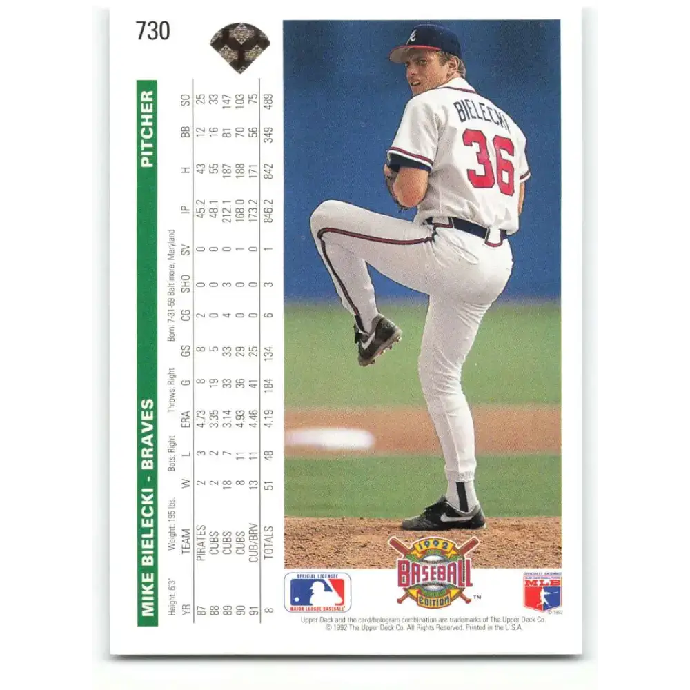 1992 Upper Deck #730 Mike Bielecki NM-MT Atlanta Braves Baseball Card - Baseball Card Single