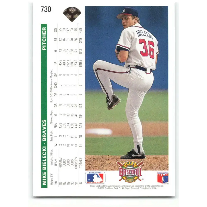 1992 Upper Deck #730 Mike Bielecki NM-MT Atlanta Braves Baseball Card - Baseball Card Single