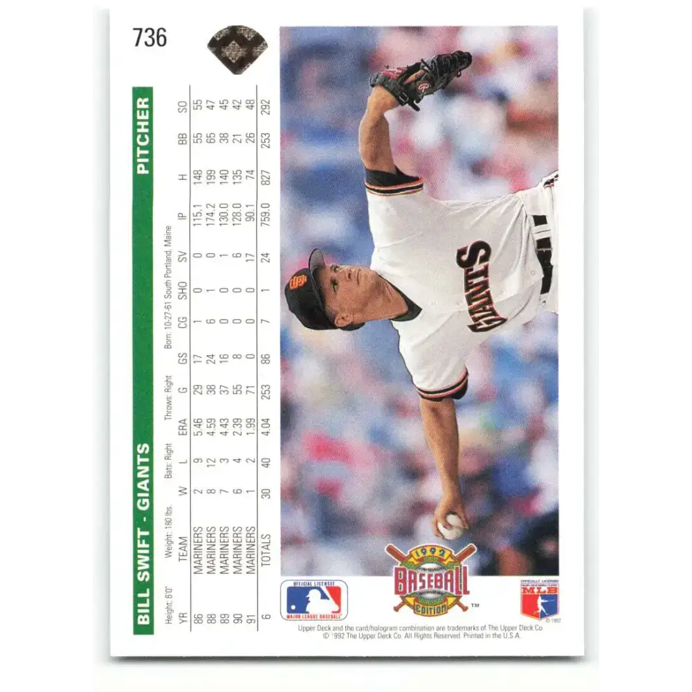 1992 Upper Deck #736 Bill Swift NM-MT San Francisco Giants Baseball Card - Baseball Card Single