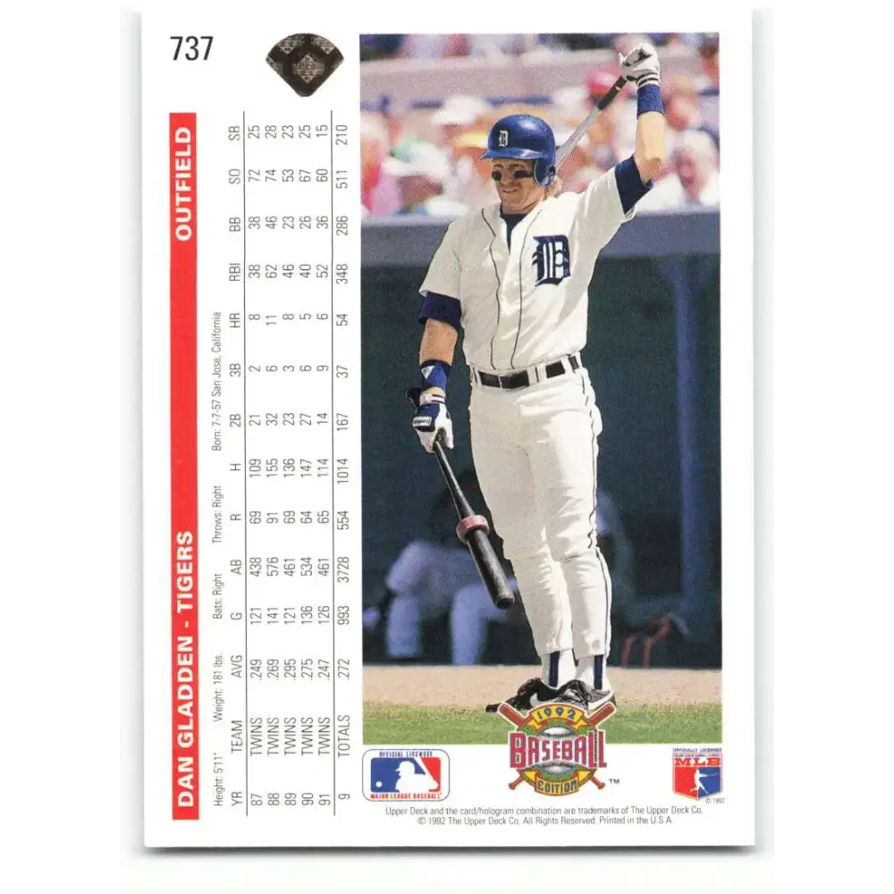 1992 Upper Deck #737 Dan Gladden NM-MT Detroit Tigers Baseball Card - Baseball Card Single