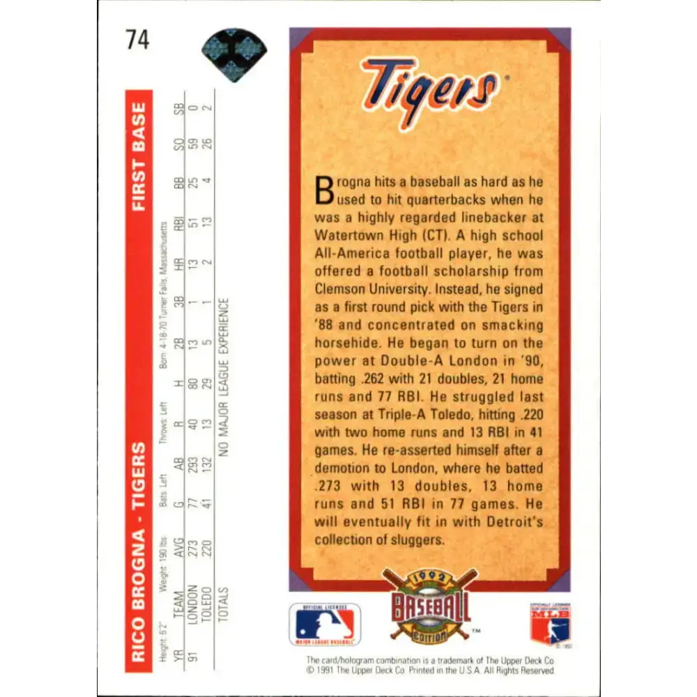 1992 Upper Deck #74 Rico Brogna TP NM-MT Detroit Tigers Baseball Card - Baseball Card Single