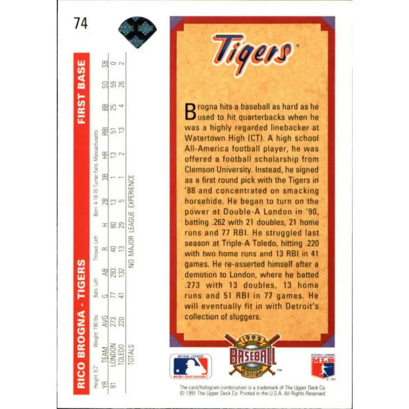 1992 Upper Deck #74 Rico Brogna TP NM-MT Detroit Tigers Baseball Card - Baseball Card Single