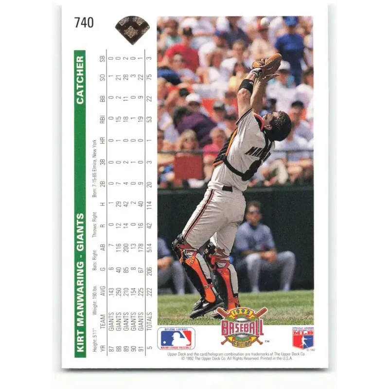 1992 Upper Deck #740 Kirt Manwaring NM-MT San Francisco Giants Baseball Card - Baseball Card Single